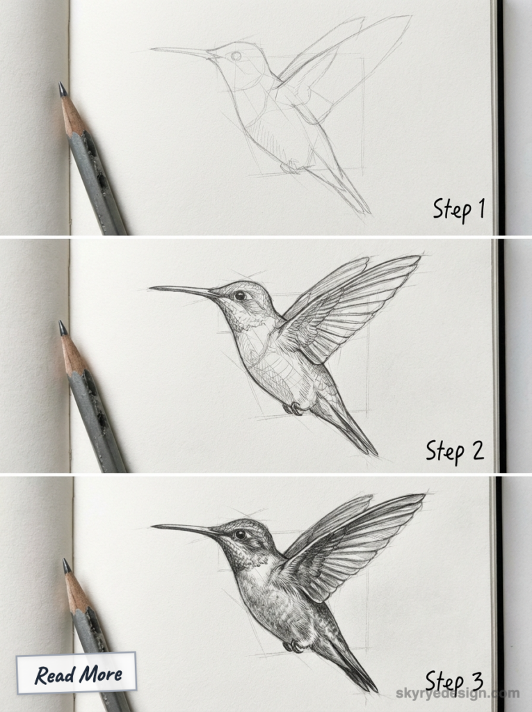 Hummingbird pencil sketch tutorial - 3-step drawing progression in a sketchbook with pencils