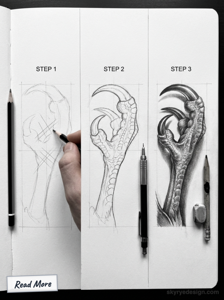 Three-step pencil tutorial: progressive sketches of a detailed bird/dragon talon from rough outline to shaded rendering