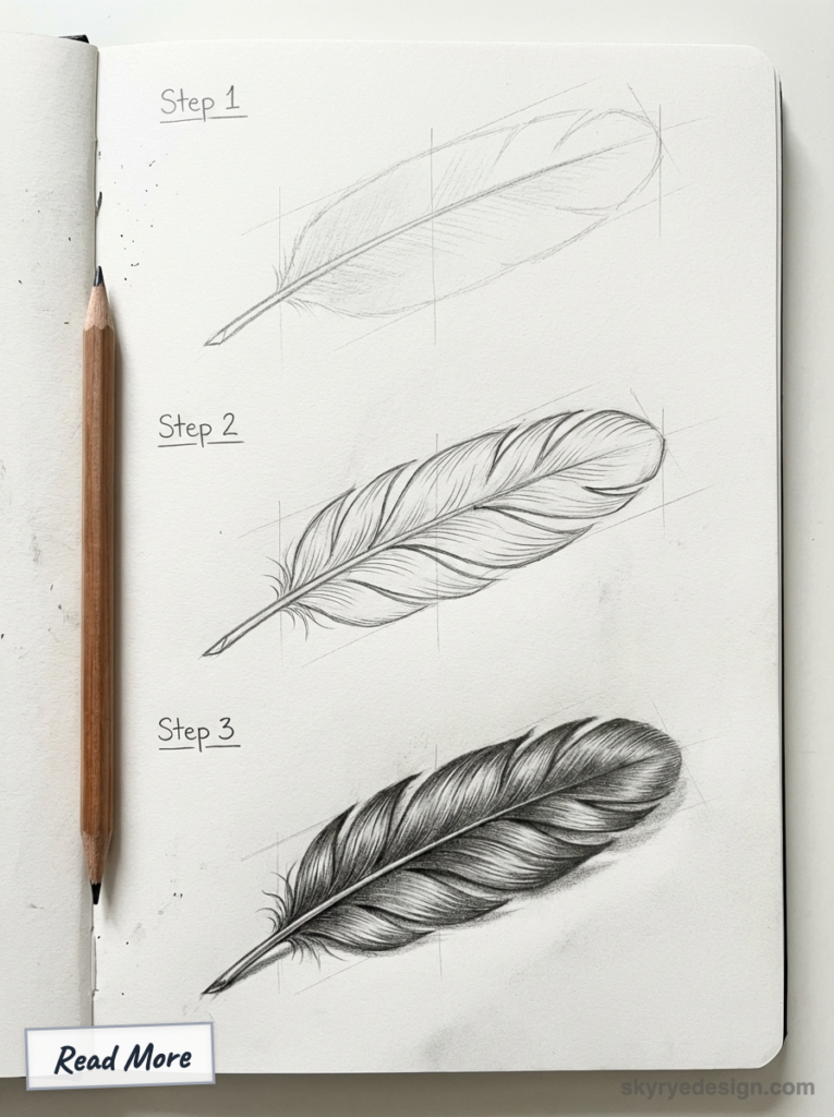 Sketchbook pencil tutorial: step-by-step feather drawing in three stages—outline, details, shading.