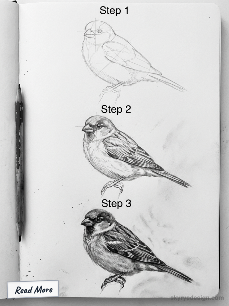 Step-by-step pencil sketch tutorial of a sparrow in three stages on a sketchbook page with a pencil.