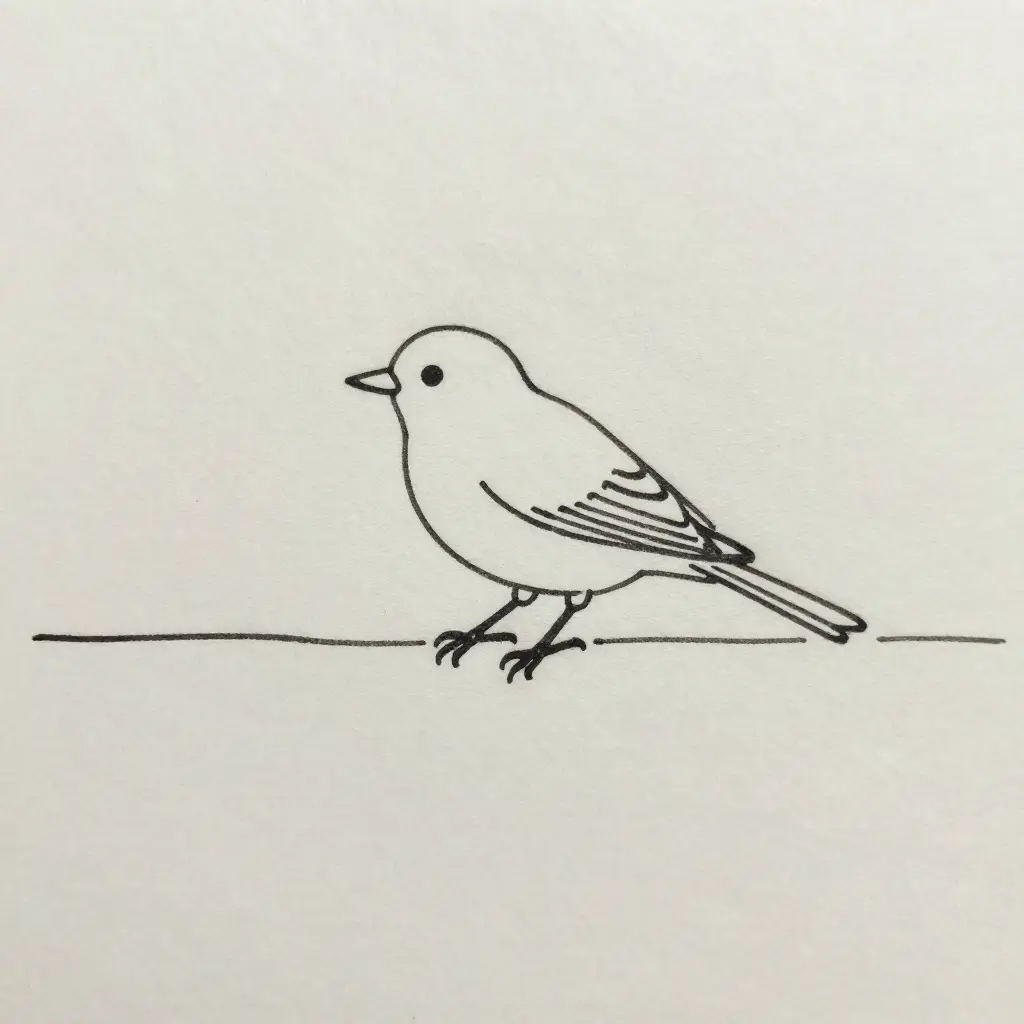 Minimalist line drawing of a small bird perched on a horizontal wire, simple bird illustration