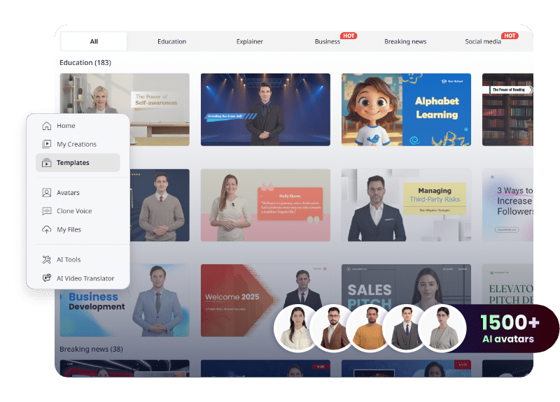 Templates library with AI avatars for video creation, featuring business, education, and marketing categories.