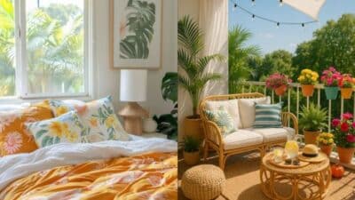 Bright bedroom and cozy balcony with tropical plants and seating, perfect for relaxing in a vibrant, sunny setting.