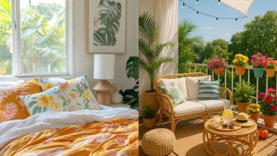 summer apartment ideas Bright bedroom and cozy balcony with tropical plants and seating, perfect for relaxing in a vibrant, sunny setting. | Sky Rye Design Bright bedroom and cozy balcony with tropical plants and seating, perfect for relaxing in a vibrant, sunny setting.