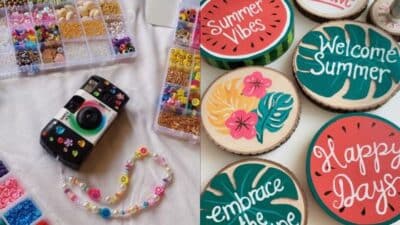 Colorful beads and decorated camera with Summer Vibes and Welcome Summer painted wood slices, capturing summer fun.