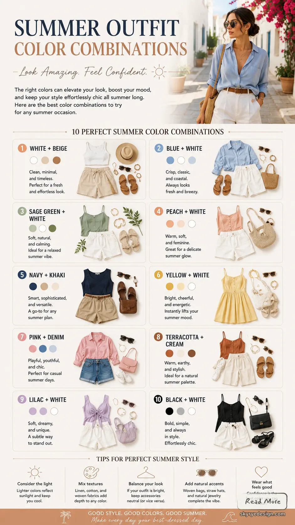 color-combination-summer-1-2 Infographic: 10 perfect summer outfit color combinations with outfit photos and style tips for seasonal looks. | Sky Rye Design Infographic: 10 perfect summer outfit color combinations with outfit photos and style tips for seasonal looks.