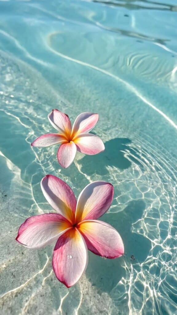 Plumeria flowers floating on clear blue water with sunlight reflections.
