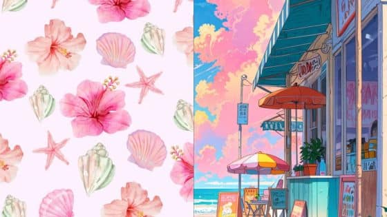 summer wallpaper Hibiscus, shells, starfish pattern and a seaside cafe under a colorful sky with umbrellas and chairs. | Sky Rye Design Hibiscus, shells, starfish pattern and a seaside cafe under a colorful sky with umbrellas and chairs.