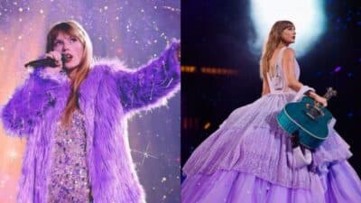 Performer in a sparkly outfit and purple fur coat singing; another in a lavender gown holding a teal guitar on stage.