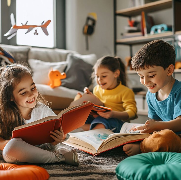 Children happily reading books in a cozy room with soft toys and a decorative airplane.