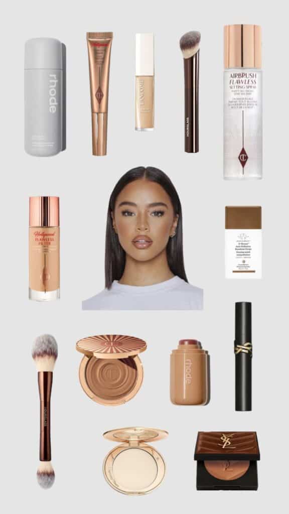 Makeup essentials collection featuring foundation, brushes, and setting spray with a model showcasing a flawless look.