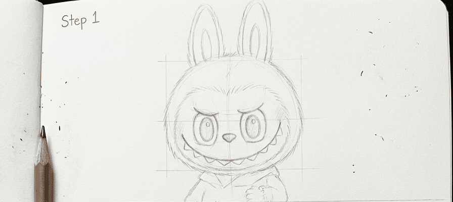 tutorial-step-1 10 Pencil sketch of a cartoon character with bunny ears, wide grin, and fierce eyes on a sketchbook with a pencil beside it, labeled Step 1. | Sky Rye Design Pencil sketch of a cartoon character with bunny ears, wide grin, and fierce eyes on a sketchbook with a pencil beside it, labeled Step 1.