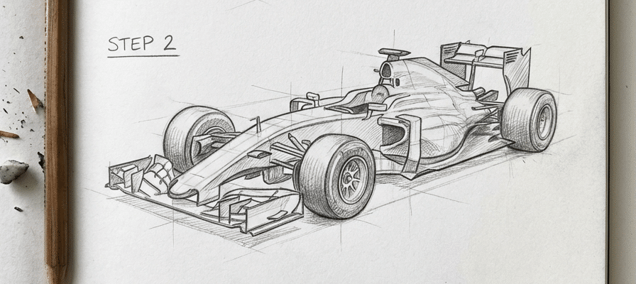 tutorial-step-2 9 Pencil sketch of a Formula 1 race car, showcasing detailed design and structure, labeled Step 2 with a pencil and eraser nearby. | Sky Rye Design Pencil sketch of a Formula 1 race car, showcasing detailed design and structure, labeled Step 2 with a pencil and eraser nearby.