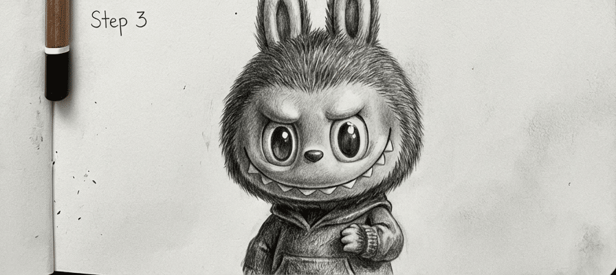 tutorial-step-3 10 Cute cartoon character drawing with round eyes, fluffy ears, and a toothy grin, showcasing step 3 of an illustration process. | Sky Rye Design Cute cartoon character drawing with round eyes, fluffy ears, and a toothy grin, showcasing step 3 of an illustration process.