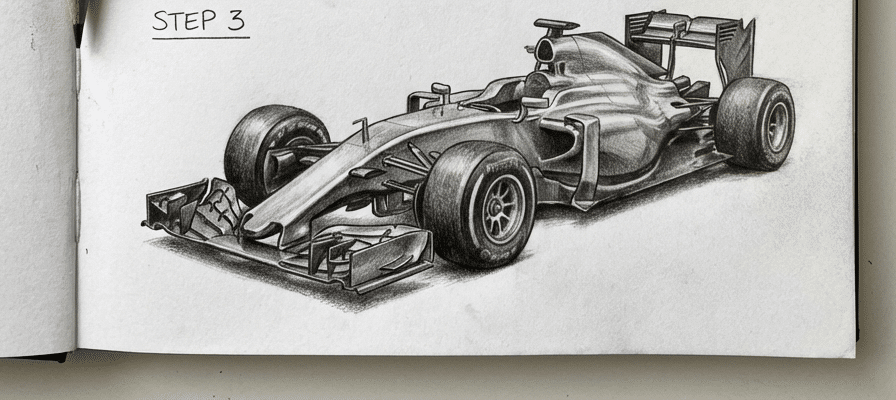 tutorial-step-3 8 Step 3 of pencil drawing showcases detailed Formula 1 car sketch, illustrating dynamic design and shading techniques. | Sky Rye Design Step 3 of pencil drawing showcases detailed Formula 1 car sketch, illustrating dynamic design and shading techniques.