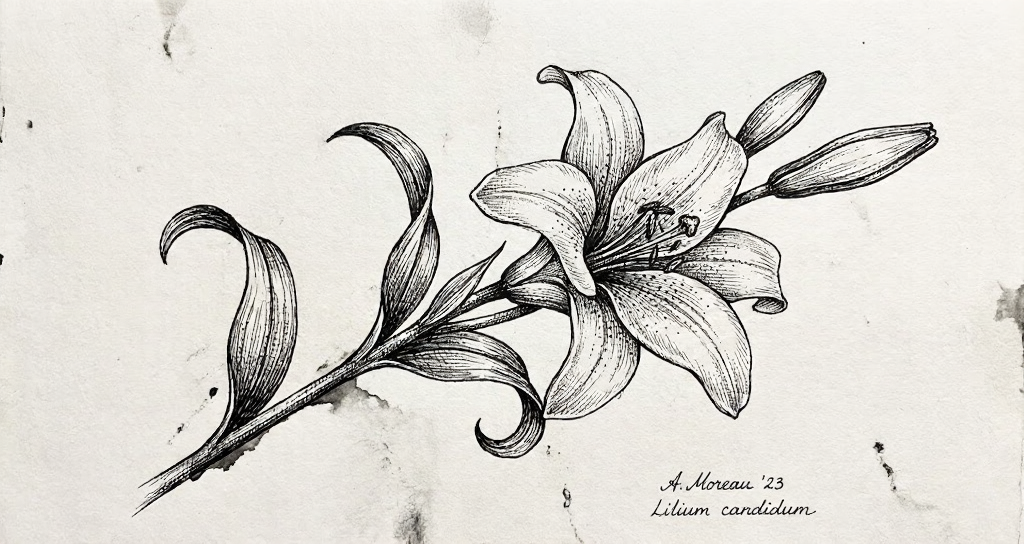 Black ink botanical illustration of Lilium candidum lily on textured vintage paper, detailed hand-drawn floral sketch with buds and leaves