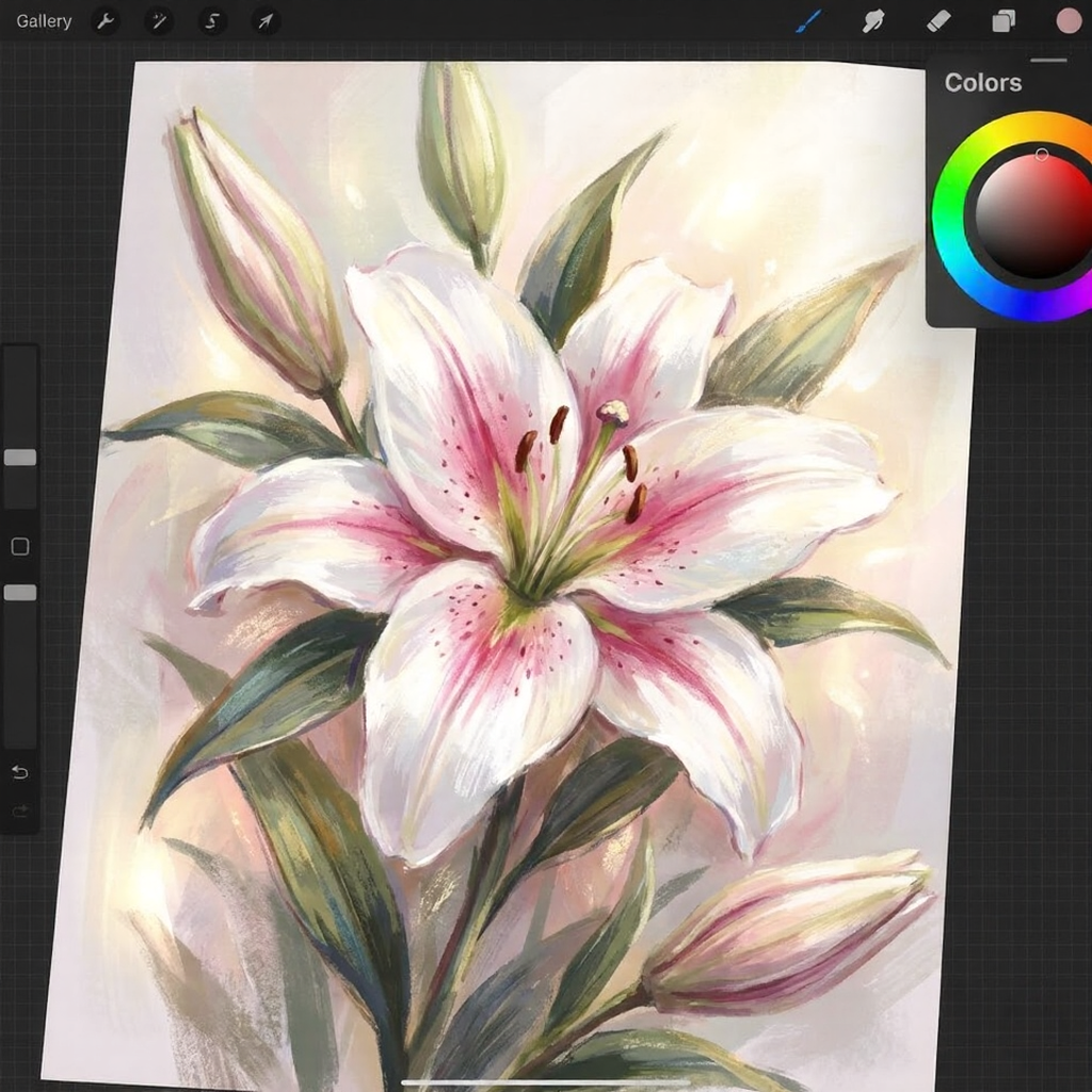 Digital painting of a white and pink lily with green leaves on a soft pastel background, watercolor-style floral illustration