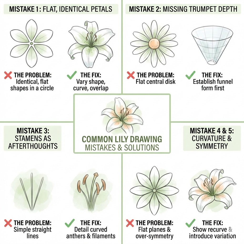 Infographic: lily drawing mistakes and fixes - flat petals, shallow trumpet depth, plain stamens, over-symmetry, with illustrated solutions.