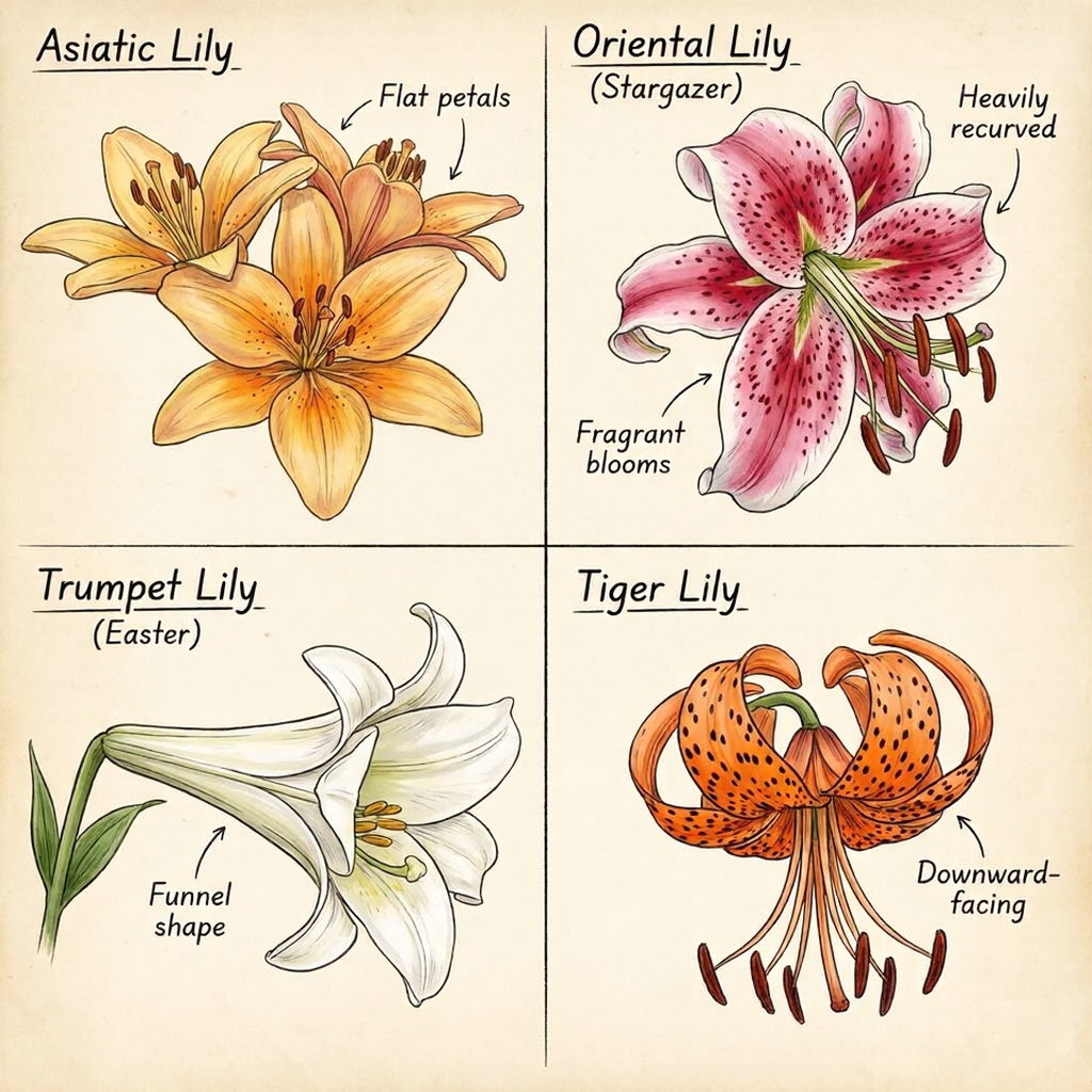 Illustrated guide to lily types: Asiatic, Oriental (Stargazer), Trumpet (Easter) and Tiger lily with labeled identifying features.