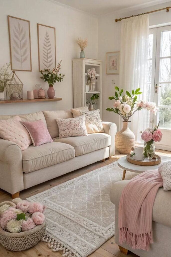 Cozy living room with beige sofa, pink pillows, floral decor, and natural light from French doors.