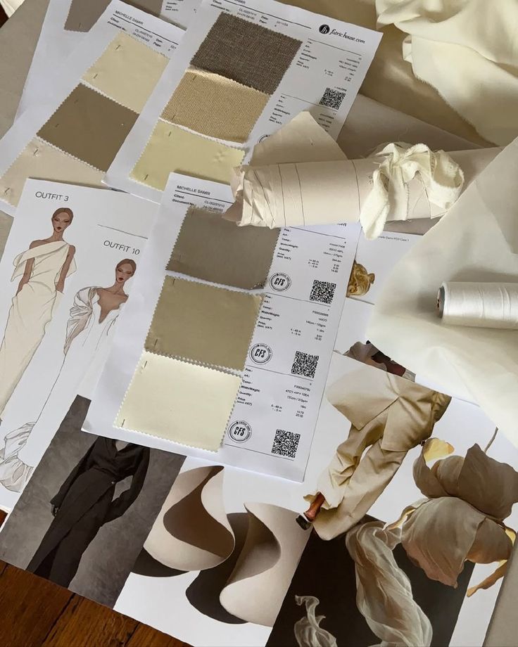 Fashion design sketches and fabric swatches on a desk, showcasing elegant outfit concepts and textile samples.