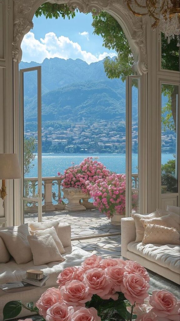 _ Luxurious living room with roses and mountain lake view through elegant open doors. Serene and picturesque scene. | Sky Rye Design Luxurious living room with roses and mountain lake view through elegant open doors. Serene and picturesque scene.