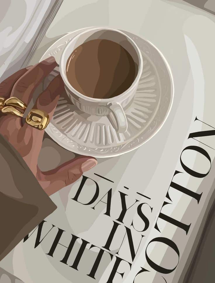 Hand holding a coffee cup on a saucer over a book titled Days in White Cotton.