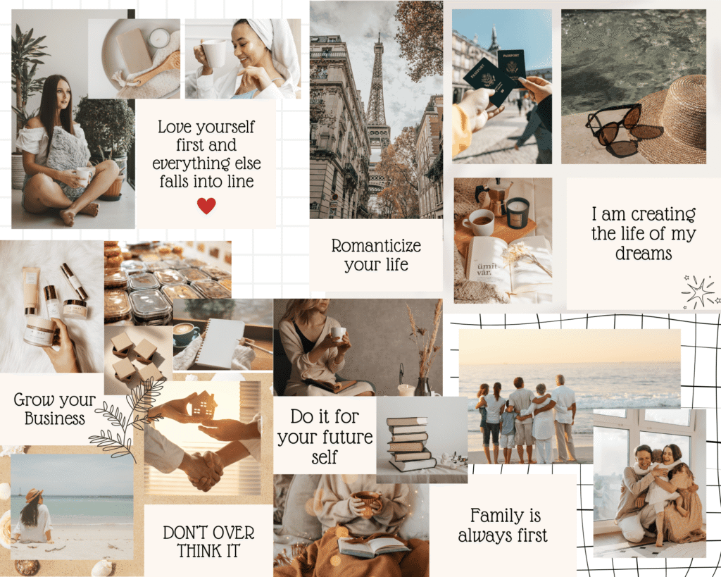 vision-board-template Collage of inspirational quotes and cozy lifestyle images, including travel, family, self-care, and business growth themes. | Sky Rye Design Collage of inspirational quotes and cozy lifestyle images, including travel, family, self-care, and business growth themes.