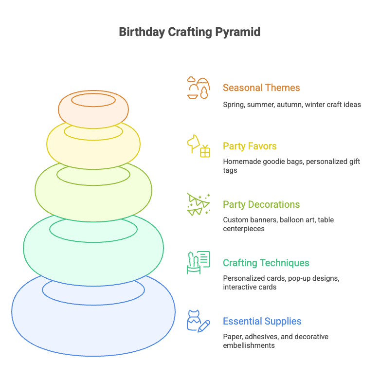 Infographic of Birthday Crafting Pyramid with steps: Seasonal Themes, Party Favors, Decorations, Techniques, Essential Supplies.