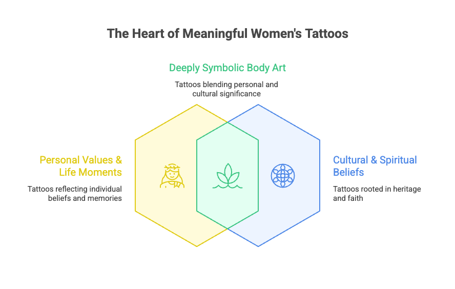 visual-selection-_11_ The Heart of Meaningful Women's Tattoos: Personal values, cultural beliefs, and symbolic body art interconnected in a Venn diagram. | Sky Rye Design The Heart of Meaningful Women's Tattoos: Personal values, cultural beliefs, and symbolic body art interconnected in a Venn diagram.