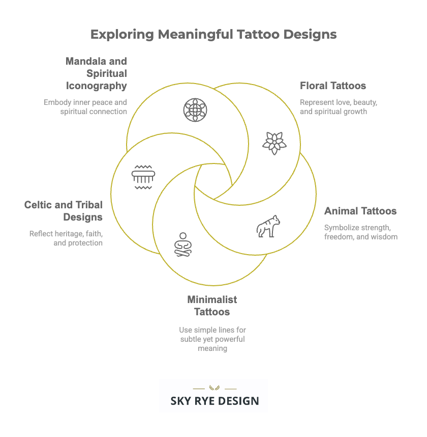 visual-selection-_12_ Diagram of meaningful tattoo designs including mandala, floral, animal, minimalist, and Celtic styles by Sky Rye Design. | Sky Rye Design Diagram of meaningful tattoo designs including mandala, floral, animal, minimalist, and Celtic styles by Sky Rye Design.