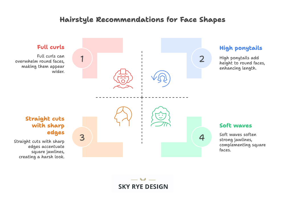 visual-selection-_17_ Hairstyle recommendations for face shapes: full curls, high ponytails, straight cuts, soft waves. Design by Sky Rye Design. | Sky Rye Design Hairstyle recommendations for face shapes: full curls, high ponytails, straight cuts, soft waves. Design by Sky Rye Design.