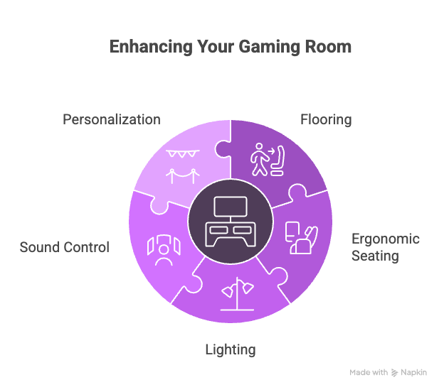 Wheel diagram for enhancing gaming room with personalization, flooring, ergonomic seating, lighting, and sound control tips.
