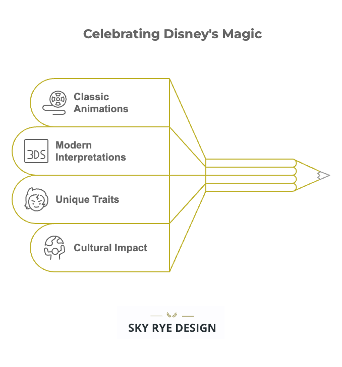 visuals-disney-characters Infographic titled Celebrating Disney's Magic highlighting classic animations, modern interpretations, unique traits, and cultural impact. | Sky Rye Design Infographic titled Celebrating Disney's Magic highlighting classic animations, modern interpretations, unique traits, and cultural impact.