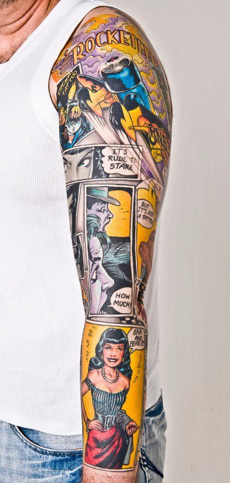 Arm tattoo featuring vibrant comic book art with vintage characters in colorful panels.