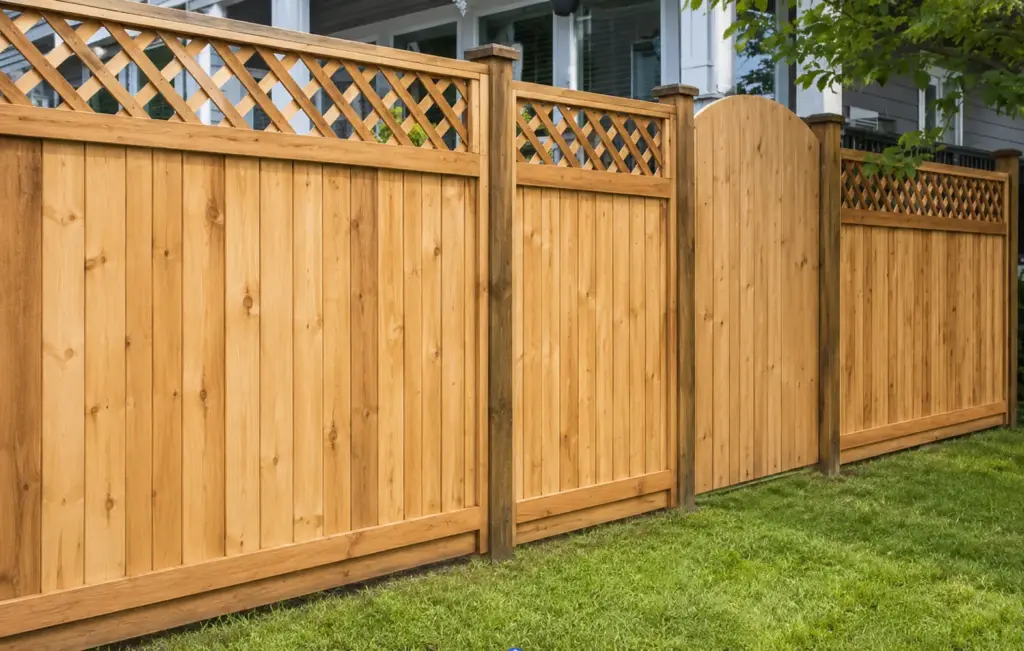 dca10ac3-d033-4ea1-b5cb-9fb6bb401db1 Cedar backyard privacy fence with lattice top and arched wooden gate along green lawn in front of house | Sky Rye Design Cedar backyard privacy fence with lattice top and arched wooden gate along green lawn in front of house