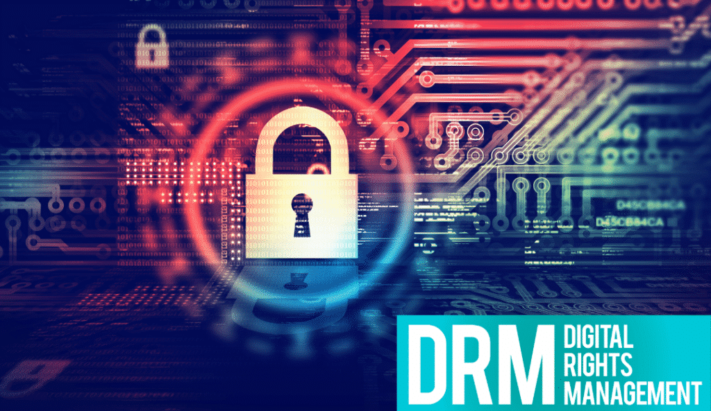Digital Rights Management concept with padlock and circuit background for secure information protection.