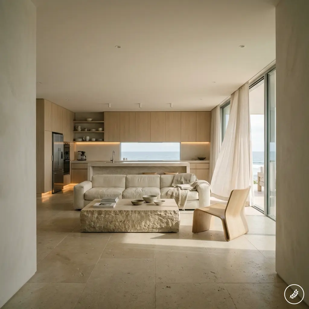Open-concept living area with a white sofa, stone coffee table, and light wood kitchen cabinets, overlooking the ocean through large windows.",