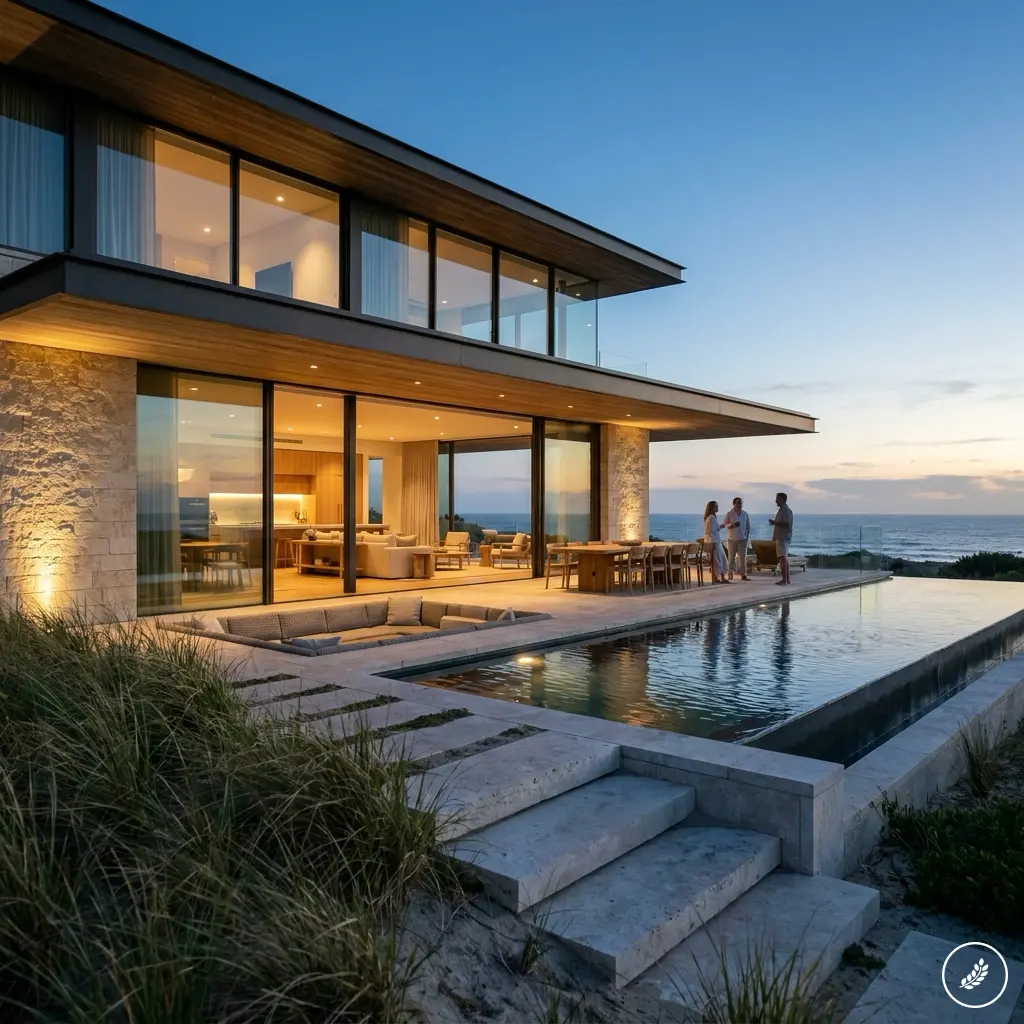 Modern coastal home with large glass walls, an illuminated interior, and a rectangular pool on the terrace by the ocean at dusk.