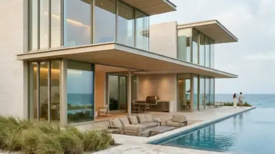 Modern two-story glass house with cantilevered upper floors, an infinity pool, and an ocean view with outdoor seating on the deck.