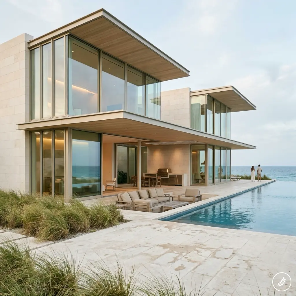 Modern two-story glass house with cantilevered upper floors, an infinity pool, and an ocean view with outdoor seating on the deck.