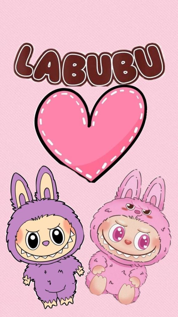 Cute cartoon characters in purple and pink costumes with a heart and Labubu text on a pink background.