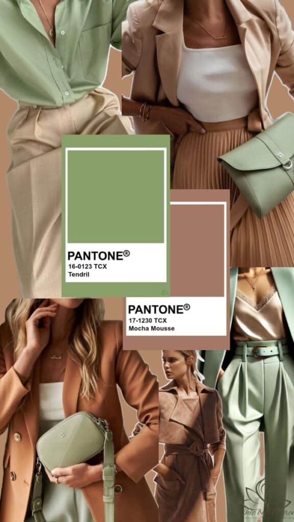 Collage of fashion outfits in Pantone colors Tendril and Mocha Mousse, with stylish accessories and elegant textures.
