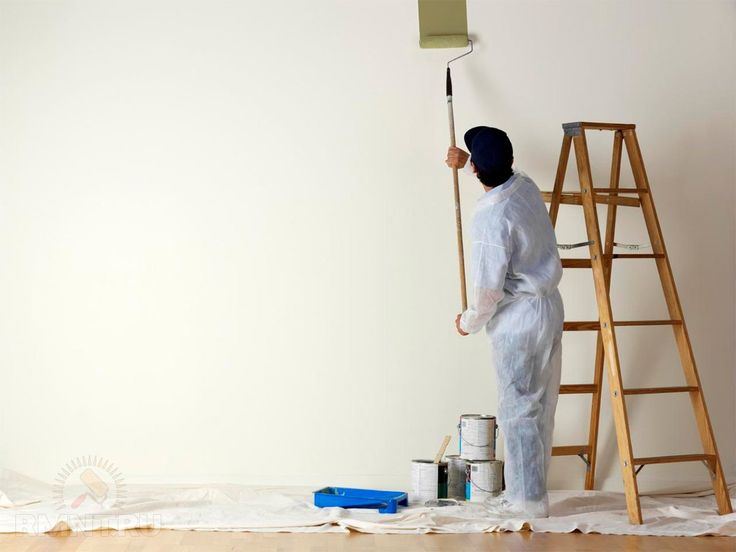 Painter on ladder applying green paint to wall, with paint cans and roller tray on floor.