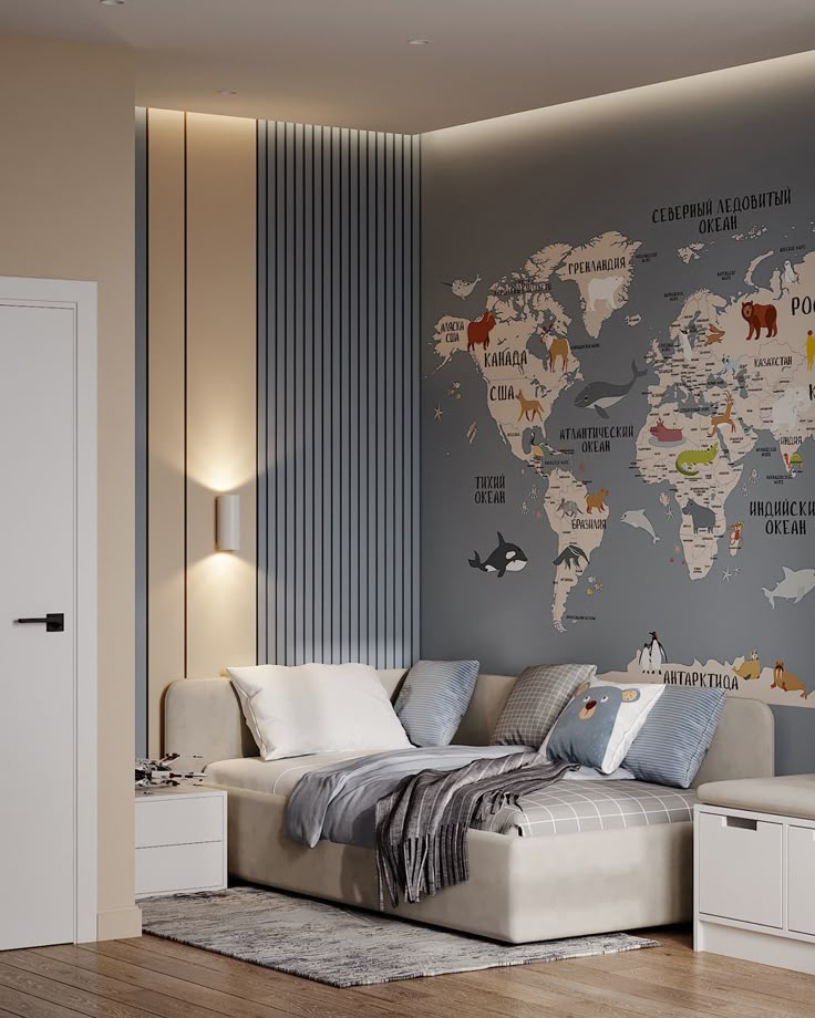 Modern kids' room with a world map accent wall, cozy bed, and soft lighting. Perfect for a playful, educational vibe.