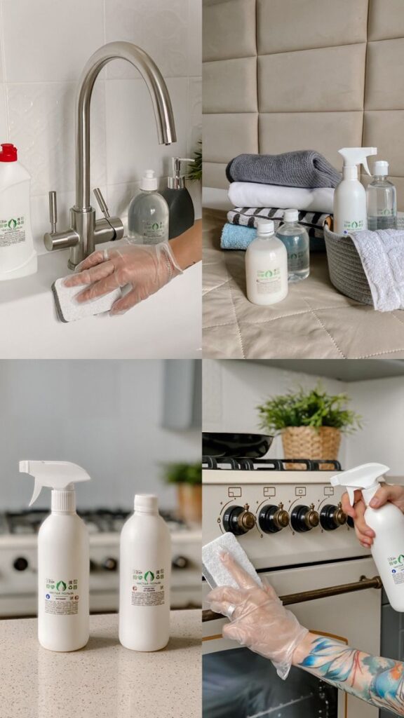 Cleaning products being used in kitchen and bathroom settings; eco-friendly bottles and cleaning gloves.