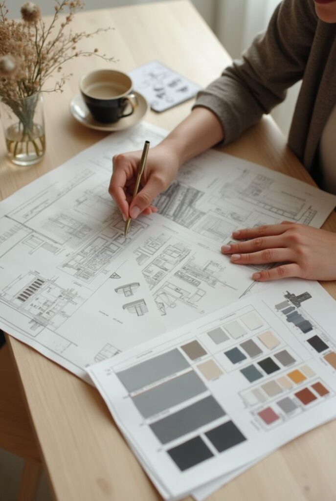 Person reviewing architectural blueprints and color swatches with a cup of coffee on a desk.