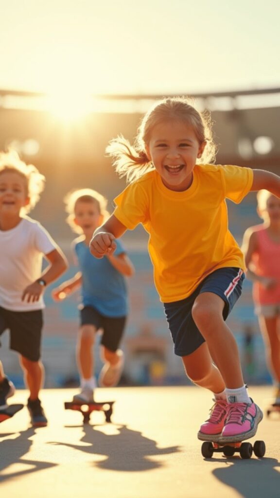 Children roller skating joyfully outdoors at sunset, wearing colorful clothes.