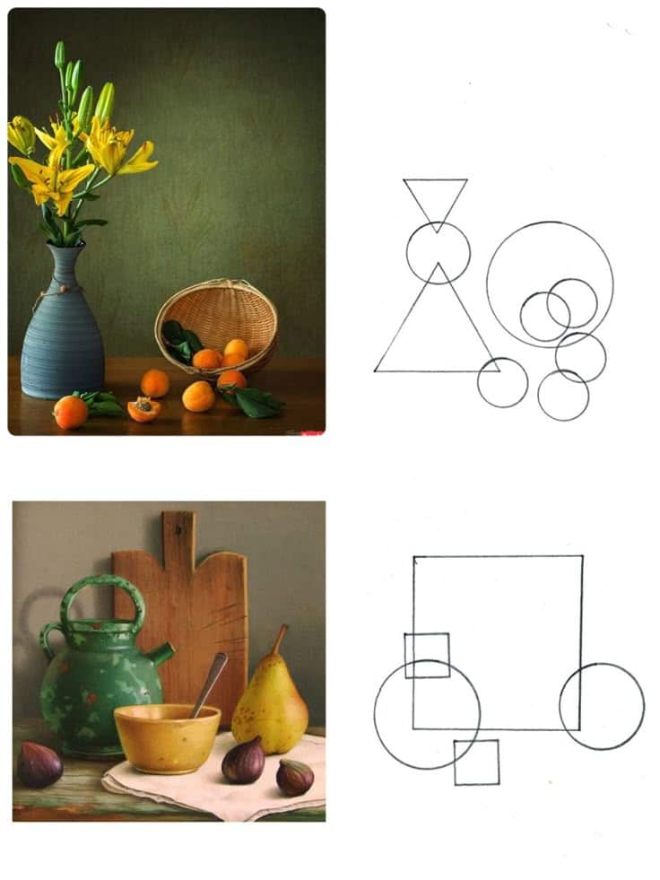Still life compositions: top with yellow flowers, oranges, basket, and abstract shapes; bottom with teapot, pear, figs, and shapes.
