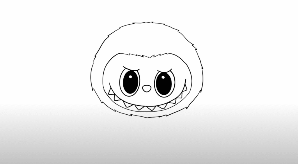 Cute cartoon yeti face with large eyes and pointy teeth on a white background.